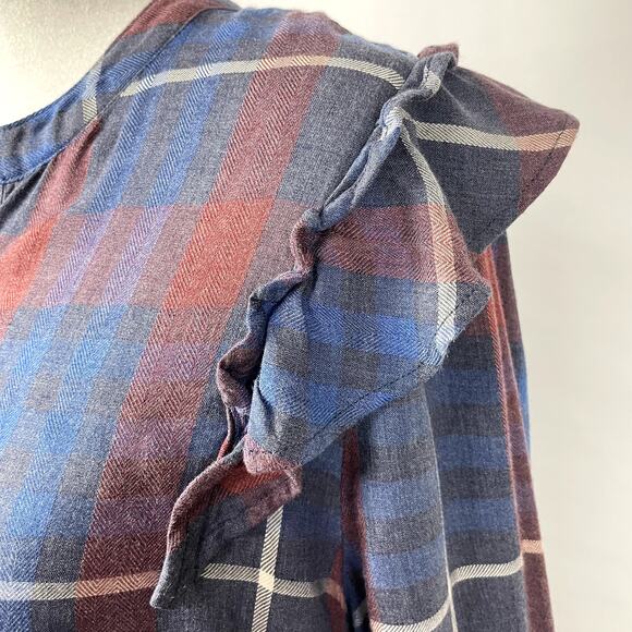 Cloth & Stone | Anthropologie Blue & Red Plaid Ruffle Detail Shift ShirtDress - Picture 5 of 9
